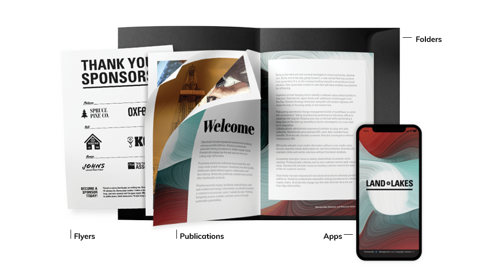 Flyer, magazine publication, phone screen with app, and folder examples of custom solutions
